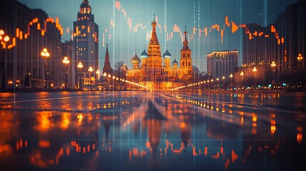 Moscow Russia Kremlin red square skyline with stock exchange trading chart double exposure, trading stock market digital concept	