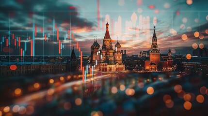 Moscow Russia Kremlin red square skyline with stock exchange trading chart double exposure, trading stock market digital concept	 - obrazy, fototapety, plakaty