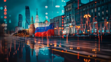 Moscow Russia Kremlin red square skyline with stock exchange trading chart double exposure with Russian flag, trading stock market digital concept	 - obrazy, fototapety, plakaty