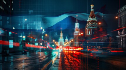 Moscow Russia Kremlin red square skyline with stock exchange trading chart double exposure with Russian flag, trading stock market digital concept	