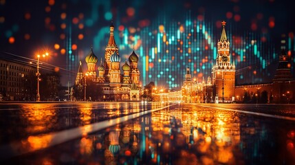 Fototapeta na wymiar Moscow Russia Kremlin red square skyline with stock exchange trading chart double exposure with Russian flag, trading stock market digital concept 