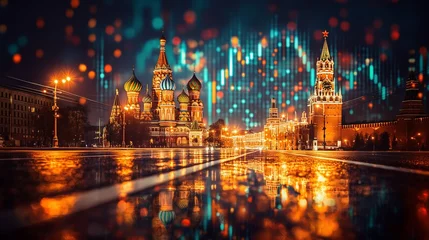 Foto op Canvas Moscow Russia Kremlin red square skyline with stock exchange trading chart double exposure with Russian flag, trading stock market digital concept  © Roman