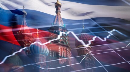 Moscow Russia Kremlin red square skyline with stock exchange trading chart double exposure with Russian flag, trading stock market digital concept	