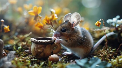 dainty dormouse in a fairy tale tea party, sipping from an acorn cup in a magical miniature setting