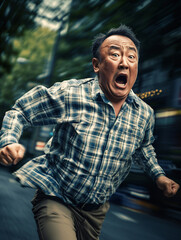 fearful asian man running and screaming 
