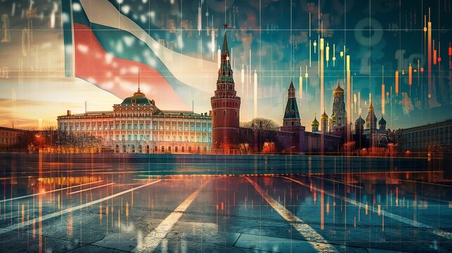 Moscow Russia Kremlin red square skyline with stock exchange trading chart double exposure with Russian flag, trading stock market digital concept	