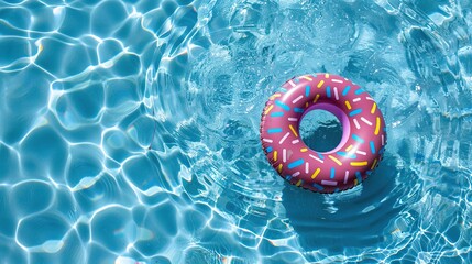 top view of a floating inflatable donut in a transparent turquoise pool. Summer vacation background