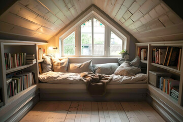 Cozy attic nook with bed, pillows, books, and a window, in warm lighting - obrazy, fototapety, plakaty