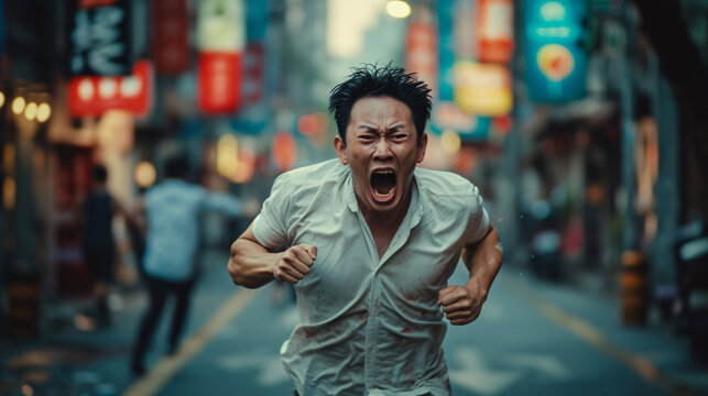 fearful asian man running and screaming 