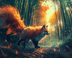 Craft a mesmerizing long shot image of a mythical kitsune weaving through a bamboo forest at sunset, embodying the spirit of cunning and transformation from Asian folklore - obrazy, fototapety, plakaty