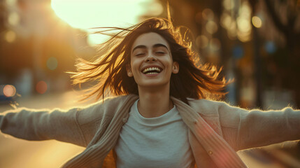 woman in freedom, smiling with eyes closed at sunrise in the street - 772327945