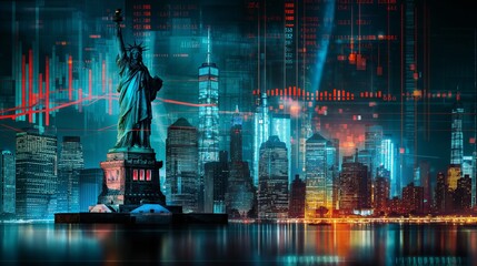 New York business skyline with stock exchange trading chart double exposure, Liberty Statue and American flag, trading stock market digital concept	
