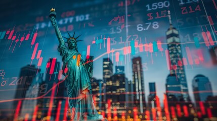 New York business skyline with stock exchange trading chart double exposure, Liberty Statue and American flag, trading stock market digital concept	
