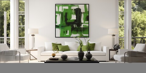 Clean lines and vibrant green accents against a backdrop of crisp white walls in a modern Transitional interior.