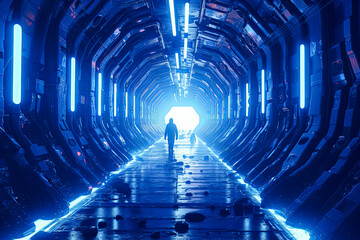 A man is walking down a long, narrow tunnel with blue walls