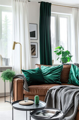 Modern living room with emerald green curtains, brown leather sofa and black coffee table on white walls, green plants, framed pictures on the wall in the style of various artists, grey blanket.