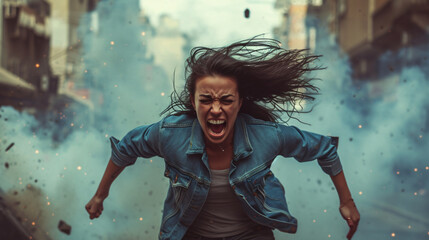 angry screaming woman running - obrazy, fototapety, plakaty