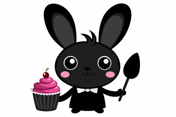 Cartoon easter Kawaii bunny with big eyes and long eyelashes as a cook and he cooking cupcake, silhouette black vector illustration