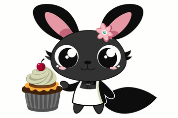 Cartoon easter Kawaii bunny with big eyes and long eyelashes as a cook and he cooking cupcake, silhouette black vector illustration