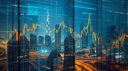 Dubai UAE business skyline with stock exchange trading chart double exposure with, middle east trading stock market digital concept	
