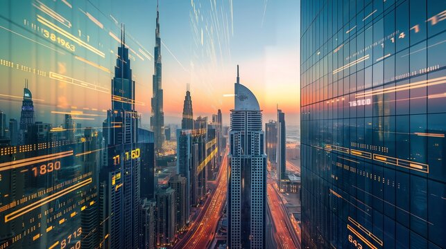 Dubai UAE business skyline with stock exchange trading chart double exposure with, middle east trading stock market digital concept	
