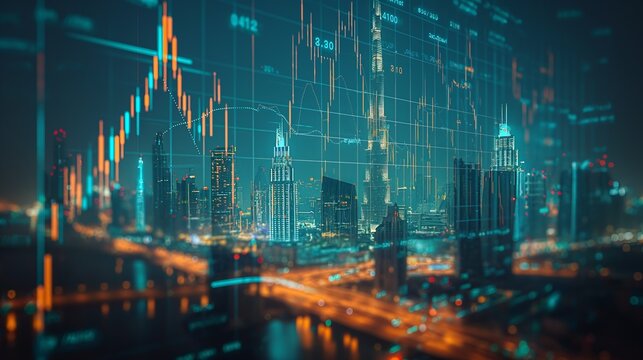 Dubai UAE business skyline with stock exchange trading chart double exposure with, middle east trading stock market digital concept	
