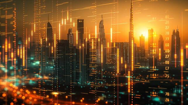 Dubai UAE business skyline with stock exchange trading chart double exposure with, middle east trading stock market digital concept	
