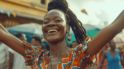 happy black woman dancing in the street
