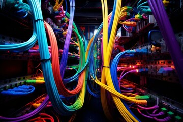 Tangled Server colorful cables. Tech rack. Generate ai - obrazy, fototapety, plakaty