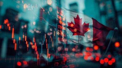 Canada business skyline with stock exchange trading chart double exposure with Canada flag, trading stock market digital concept	
