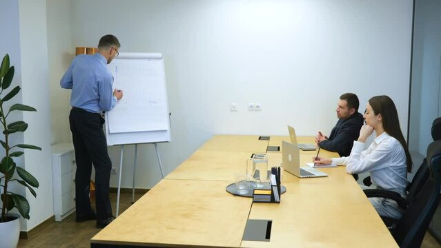 Man standing in office aria next to whiteboard, showing strategy of the company