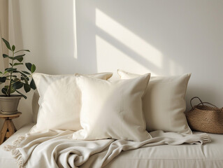 Fototapeta na wymiar Presentation of your design on textile pillows. Pillow mockup. White pillow. Template. White pillow in light interior. Mockup. Product presentation.