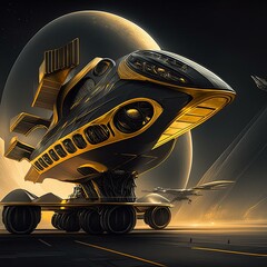 Futuristic aircraft on the runway with details containing black and gold, sci-fi, futuristic,...