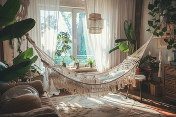 A cozy boho-style room with a hammock and lush plants basking in sunlight