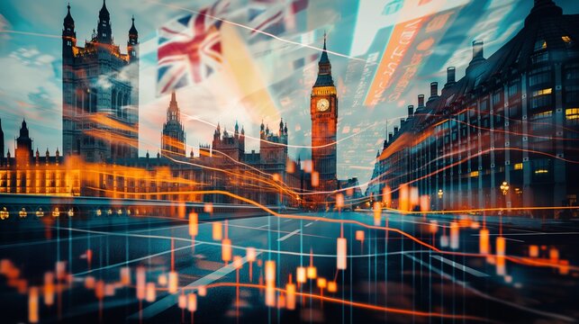 London UK Business Skyline With Stock Exchange Trading Chart Double Exposure With The British Flag, Trading Stock Market Digital Concept	
