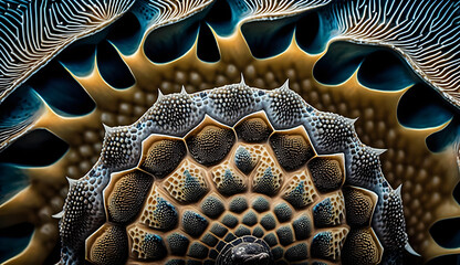 Upon closer inspection, you will notice that a sea turtle's shell features a stunning design with scales arranged in a mosaic pattern. - obrazy, fototapety, plakaty