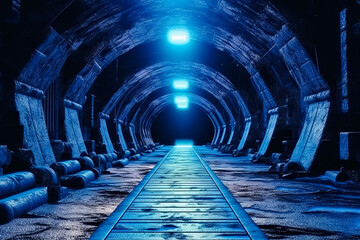 A long, narrow tunnel with blue lights shining on the walls.