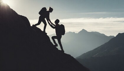 Ascending Unity: Silhouettes of Mutual Aid Scaling a Mountain - obrazy, fototapety, plakaty