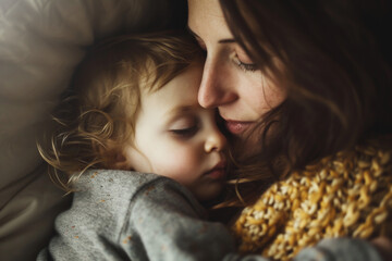 Intimate mother and child moment, a tender embrace capturing the essence of maternal love and comfort