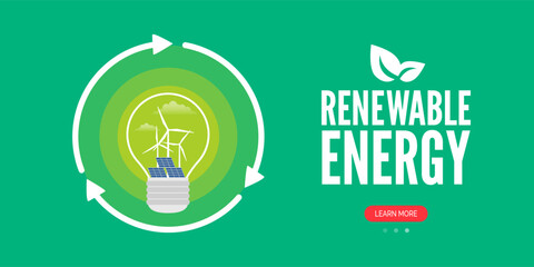 eco green renewable  energy banner design solar panels and wind turbines in light bulb on green background vector illustration - 772329758