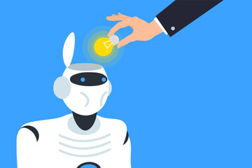 man hand put a lightbulb into robot humanoid head creative idea artificial inteligence ai evolution vector illustration 