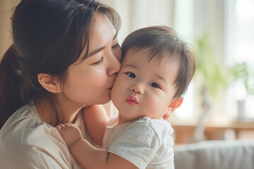 Young Asian mother's affectionate kiss to baby cheek, a picture of serene domestic bliss