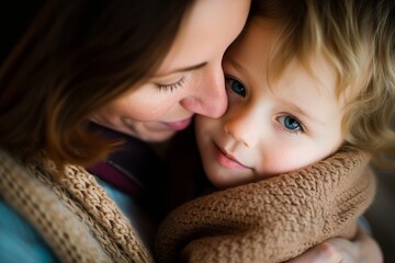 Close-up portrait of tender moment between smiling mother with brunette hair and child with blue eyes