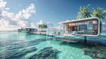 Uma construção moderna em uma linda praia de águas claras, evocando o luxo dos hotéis paradisíacos - obrazy, fototapety, plakaty