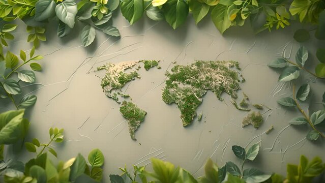 Green animation: Leaves depict world map, Earth stewardship.