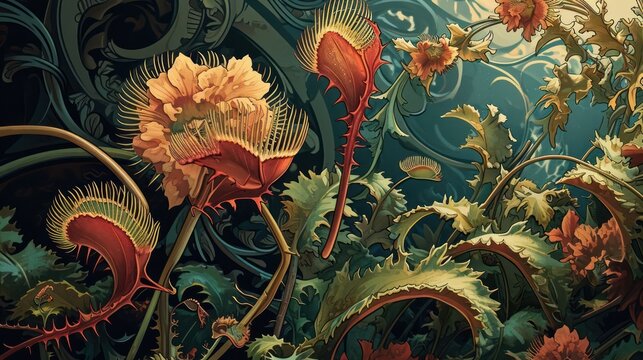 illustration featuring the iconic Venus flytrap, with graceful curves and ornate details