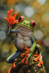 A frog is waving at the camera. The frog is green and red