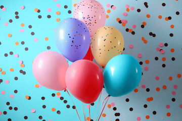 balloon birthday background with floating balloons in vibrant blue red, and confetti ideal for party themes birthday balloons with colorful confetti balloons background, perfect celebration designs