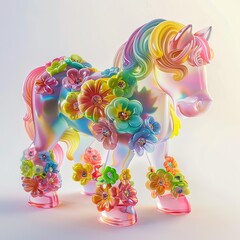 3D Cute horse with flowers made of rainbow gummy candy, in the style of candycore, on a white background