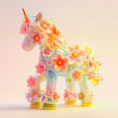 3D Cute horse with flowers made of rainbow gummy candy, in the style of candycore, on a white background